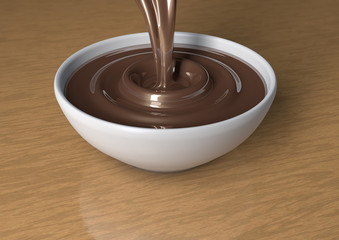 3d render of liquid milk chocolate being poured in a bowl.