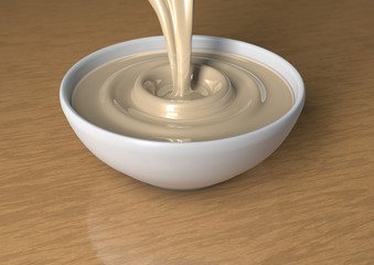 3d render of liquid white chocolate being poured in a bowl.