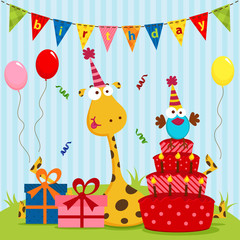 Naklejka premium giraffe and bird birthday