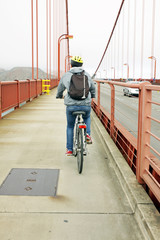 Cyicling in the Golden Gate bridge, San Francisco, Usa