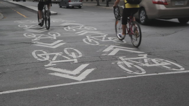 Bicycle lanes and cyclists. Montreal, Quebec.