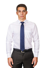 Male model with shirt isolated on white