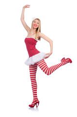 Woman in red dress isolated on white