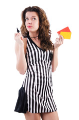 Woman referee with card on white