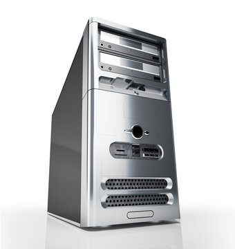 PC Tower Desktop. Silver On White Background.