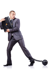 Businessman with shackles on white
