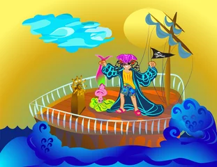 Selbstklebende Fototapete Piraten Piratenjunge mit Meerjungfrau im Meer