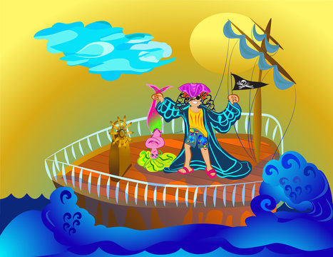 pirate boy with mermaid in the sea