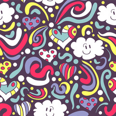 Cute colorful seamless pattern with happy clouds