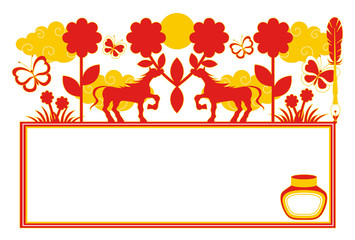 2014年午年完成年賀状テンプレート（馬の影絵飾り枠）賀詞無し