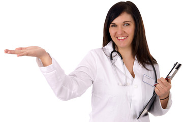 young doctor with stethoscope holds up her empty hand