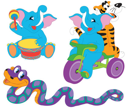 Pretty cute cartoon animals: two elephants, tiger and boa