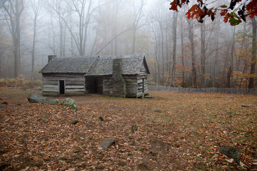 Old log cabin in the woods with morning fog