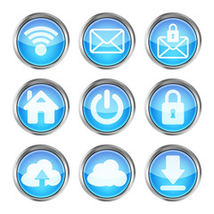 set of blue web icons on a white background