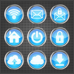 set of blue web icons on a metallic background