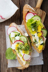 Sandwiches wit egg, lettuce, radish and cucumber - obrazy, fototapety, plakaty