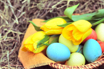 Obraz na płótnie Canvas Basket of easter eggs and tulips on hay
