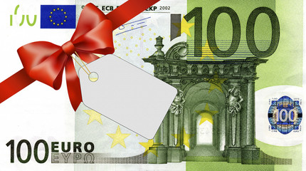 100 Euroschein mit rotem Band und Schleife mit Label