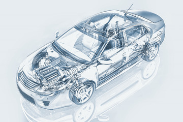 Generic sedan car detailed cutaway representation, with ghost ef