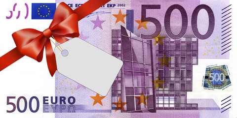 500 Euroschein mit rotem Band und Schleife mit Label