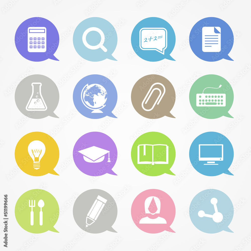Aufkleber education web icons set in color speech clouds
