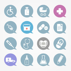 Medicine web icons set in color speech clouds