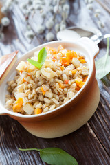nutritious barley porridge lean in a pot