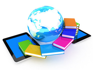 tablet pc and earth with colorful real books  on white backgroun