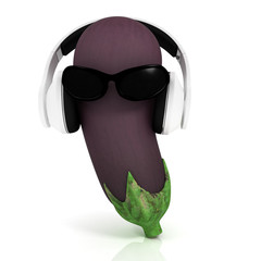 eggplant with sun glass and headphones front "face" on a white