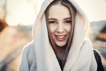 Fashion closeup portrait of young smiling woman