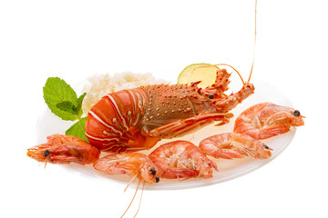 Spiny lobster, shrimps and rice