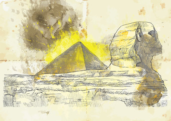 Pyramid, Sphinx - Hand drawing into vector