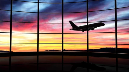Foto auf Acrylglas Flughafen Flughafenfenster mit Flugzeug, das bei Sonnenuntergang fliegt