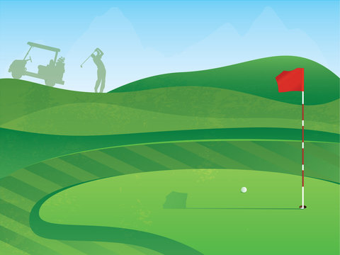 Golf Course Layout with Red Flag and Ball on the Green