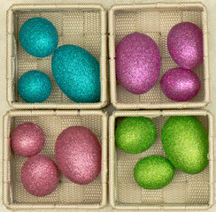 Decorative Sparkly Easter Eggs in square baskets