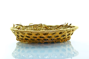 An empty basket with hay isolated on a white background.