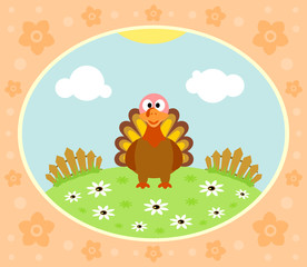 Farm background with funny turkey