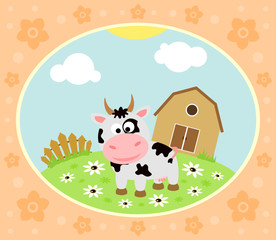 Farm background with funny cow