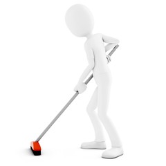 3d man cleaning with broom