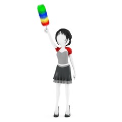 3d girl cleaning with duster