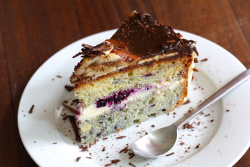 Chocolate and fruit cake with blueberries and bananas