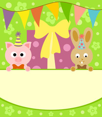 Background card with funny pig and rabbit