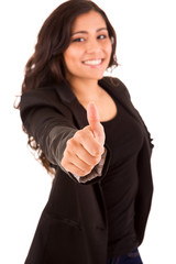 Happy smiling business woman with thumbs up gesture