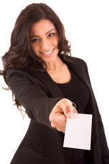 Friendly woman holding a business card and smiling