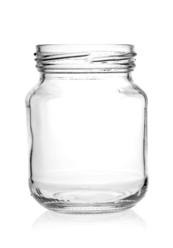 Glass jar with empty threaded on a white background.