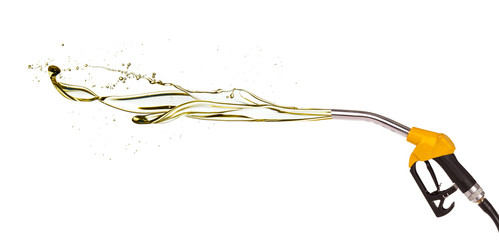Petrol splashing out of pistol, isolated on white background