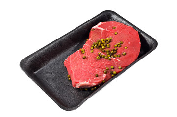 fresh beef plastic plate from supermarket