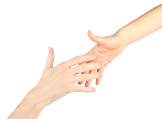 Women's hand goes to the man's hand on white background