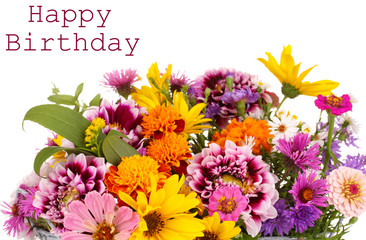 beautiful bouquet of bright flowers in basket isolated on white