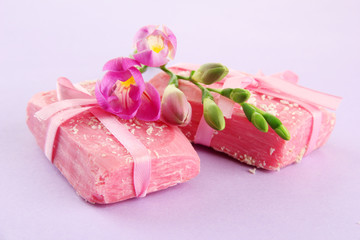 Natural handmade soap, on purple background